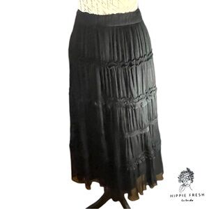 DKNY Black Crêpe 100% Silk Tiered Ruffle Midi Skirt Size 14